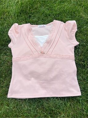 Beautees Soft Pink Lace-Trim Ribbed V-Neck Top